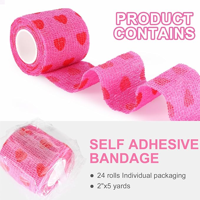 24 Pack Self Adhesive Vet Wrap & Medical Tape, 2 Inch x 5 Yards Cohesive Bandage Wrap - Pink Heart Grip Tape for Ankle, Wrist Sprains, Sports, Pet First Aid