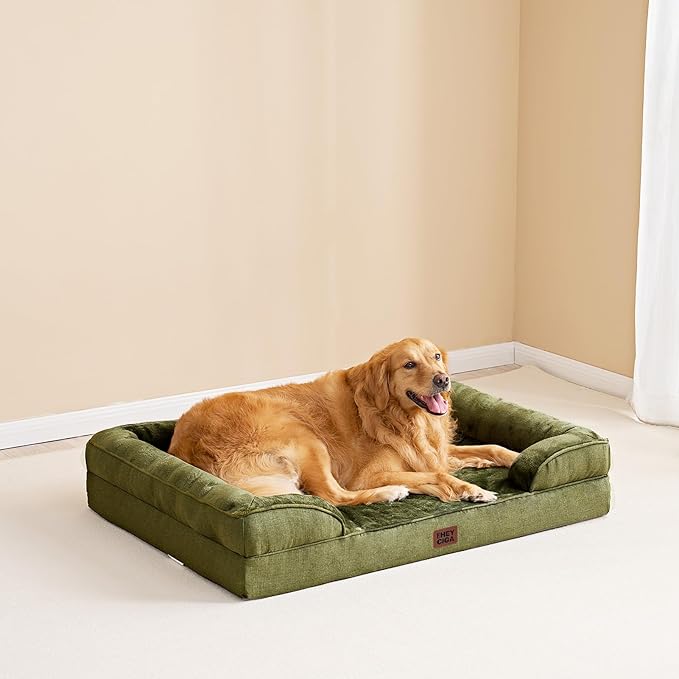 EHEYCIGA Orthopedic XL Dog Beds, Waterproof Memory Foam Dog Bed for Extra Large Dogs, Non-Slip Bottom and Egg-Crate Foam Big Pet Couch Bed with Washable Removable Cover, Olive Green