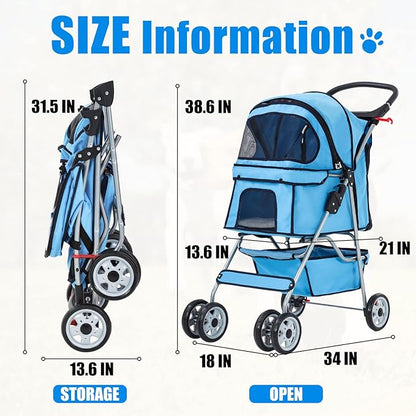 Dog Stroller, Folding 4 Wheels Pet Stroller for Small Medium Dog Cat Travel Carrier with Weather Cover Storage Basket Cup Holders Blue
