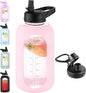 64 oz Glass Water Bottle With Straw and Handle, Half Gallon Sports Motivational Water Jug Flask with Silicone Sleeve, Large Water Cup with Time Marker for Travel, Gym, Blush