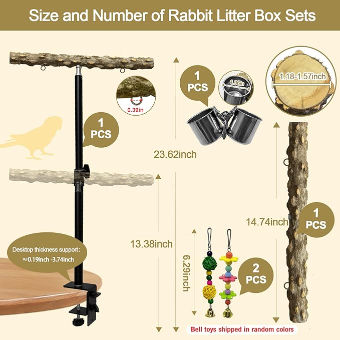 18-27 Inch Height Adjustable Bird Perch Pepper Wood Desktop Bird Training Perch Stand with Feeding Cups and Swing Toy Parakeet Perches Indoor and Outdoor Parrot Stand for Small to Medium Birds