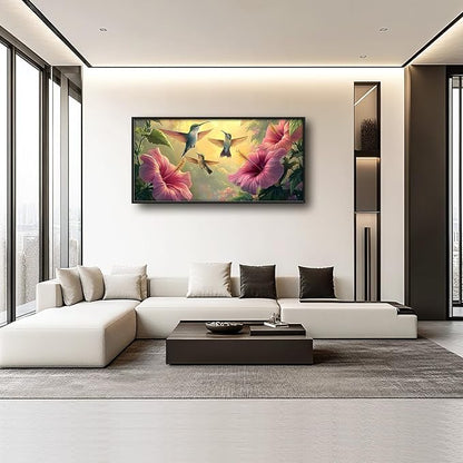 Framed Large Hummingbird Wall Art for Living Room, Oversized Rustic Bird Flower Wall Decor Floral Canvas Painting Nature Sunrise Pictures Modern Artwork for Bedroom Office Dinging Room 60"x30"