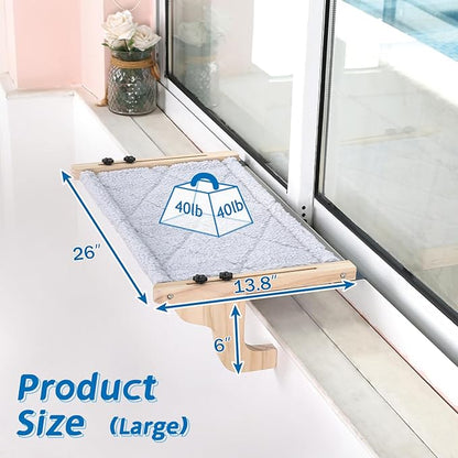 Easy Seat Cat Perch for Window Sill - Hammock Design w/Pine Wood & Robust Metal Frame - Cat Window Seat for Large Cats and Kittens (Natural Color Wood w/Gray Bed, Large (26''W x 14''D))