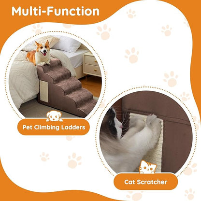 Dogs Steps for Bed, Dog Stairs for Small Dogs, 4-Step Dog Ramp for Bed, Couch, Sofa, and Chairs, Non-Slip Bottom Design, Cat Scratching, High Density Foam Portable Pet Step, Indoor, Coffee