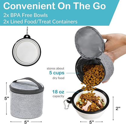 Dog Travel Bag with Treat Pouch, Airline Approved Dog Bags for Traveling, 2 Dog Food Travel Container, 2 Travel Bowls, Weekend Dog Travel Bag for Supplies, Dog Travel Kit Accessories