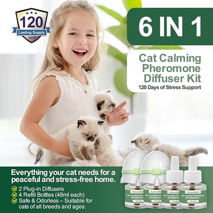 6-in-1 Cat Calming Pheromone Diffuser Kit, Cat Calming Diffuser for Anxiety Relief, Aggression, Scratching, Urine Marking, Fighting, Meowing, Hiding, Safe for All Cats, 120 Days Support