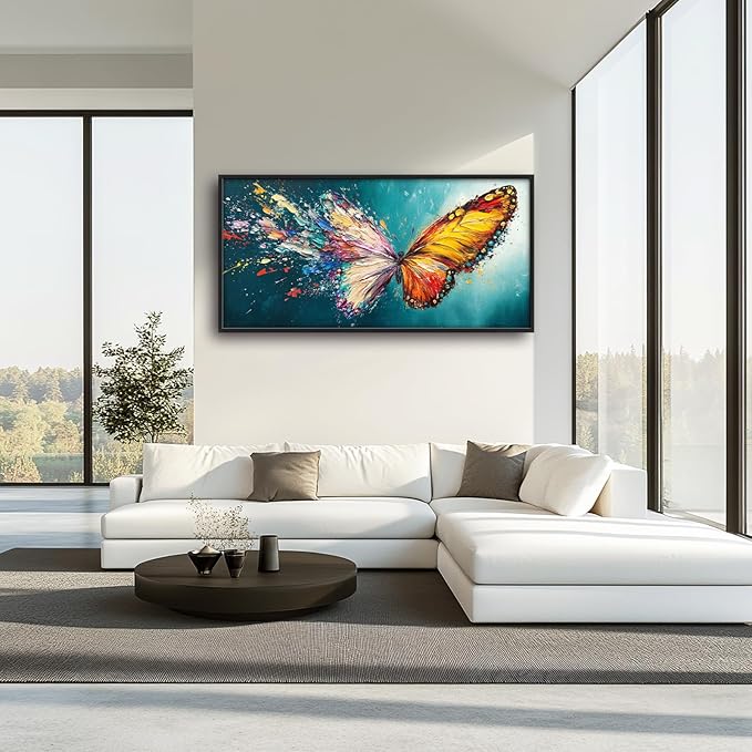 Extra Large Framed Abstract Butterfly Wall Art,Colorful Graffiti Wall Decor,Splashing Wings Pictures for Living Room,Canvas Print Painting Modern Artwork Bedroom Office Bathroom Home Decor 60L x30W