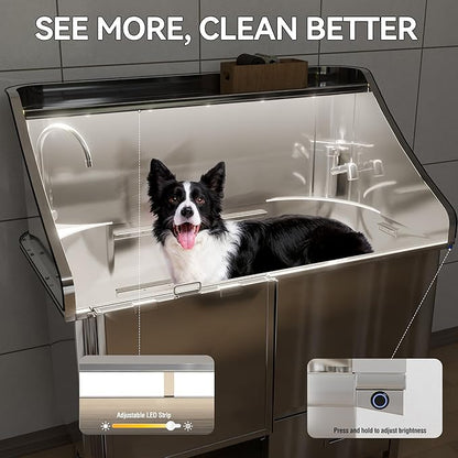 50'' Dog Washing Station - 304 Stainless Steel, LED Dog Bathing Station with Ramp, 2 Drawer, Floor Grate & Lick Pad for Large, Medium & Small Dogs