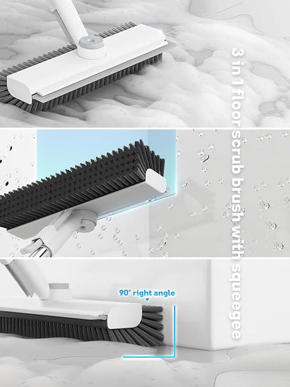 Floor Scrub Brush with Long Handle, 3 in 1 Scrape and Heavy-Duty Stiff Bristle Floor Scrubber Brush with Squeegee and Tweezer for Cleaning Tile Wall Deck Bathroom Patio Garage Kitchen (White)