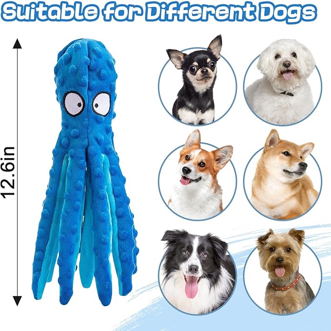 Alphatool Squeaky Dog Toys - Soft Plush Chew Crinkle Puppy Toys to Keep Them Busy, Octopus No Stuffing Interactive Essentials for Teething Small Medium Pets Dogs Gifts - 1pcs