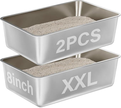 2 Pack Stainless Steel Litter Box-XXL Metal Litter Box for Big Cats 8IN Deep, Cat LitterBox-Pet Toilet Easy to Clean,High Sided Cat Litters Boxes Adult Cats,Non Stick, No Smell