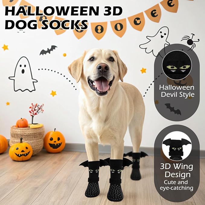 EXPAWLORER Halloween Anti Slip Dog Socks to Prevent Licking Paws, Boots & Paw Protectors with Grippers,Doggie Booties for Hardwood Floors for Small Medium Large Senior Dogs Costume Black Devil Wings L