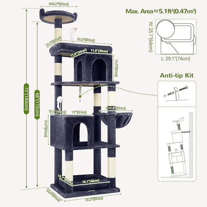 Globlazer Heavy Duty Cat Trees for Large Cats, Sturdy 72in Maine Coon Cat Tree for Large Cats 20 lbs+ Heavy Duty Cat Tower for Adult Biggest Cat with 6 Scratching Posts, Hammock, S72, Smoky Gray