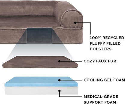 Furhaven Cooling Gel Dog Bed for Large/Medium Dogs w/ Removable Bolsters & Washable Cover, For Dogs Up to 55 lbs - Faux Fur & Velvet Sofa - Driftwood Brown, Large