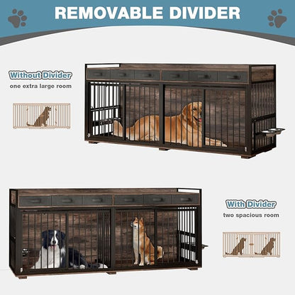 86.6Inch Large Double Dog Crate Furniture,Heavy Duty Metal Frame Dog Crate Kennel with Adjustable Feeder Bowls and Removable Divider&Drawers,Chew-Resistant Dog Kennel for 2 Dogs Indoor