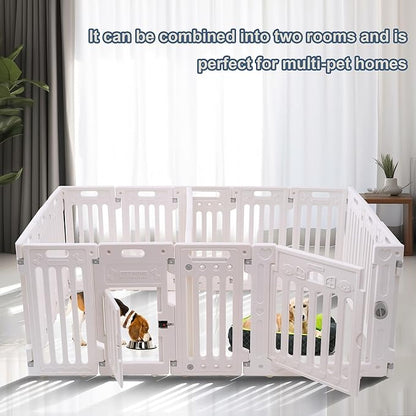 2 Room Dog Playpen with Door,DIY Shape Combination Puppy Pen,16-Panel+2 Link Piece+Large Door+Small Door,25.5" H Dog Fence,Non-Slip&Secure Pet Gate,Easy to Assemble (Two Rooms)