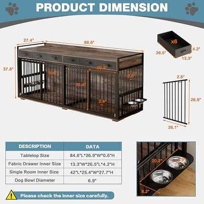 86.6Inch Large Double Dog Crate Furniture,Heavy Duty Metal Frame Dog Crate Kennel with Adjustable Feeder Bowls and Removable Divider&Drawers,Chew-Resistant Dog Kennel for 2 Dogs Indoor