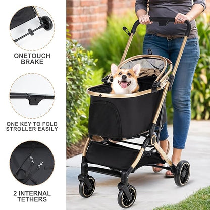 3 in 1 Pet Stroller with 4 Wheels, Foldable Pet Travel Carrier for Small/Medium Dogs Cats up to 50lbs, Detachble Portable Pet Bag, Storage Basket