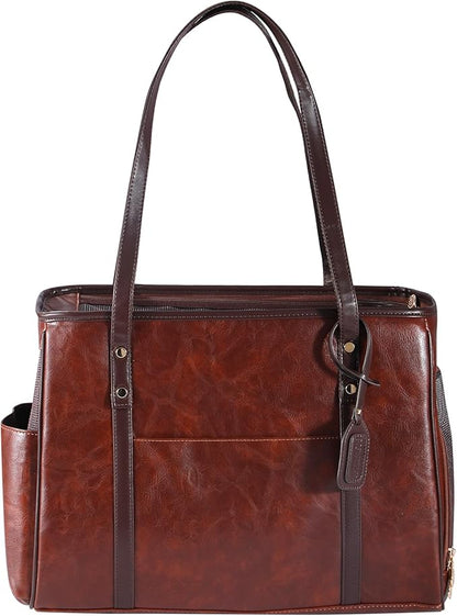 Fashion Dog Carrier Purse, Premium Leather Cat Carrier Bag, Airline Approved Soft Sided Pet Travel Tote Bag with Pockets Coffee