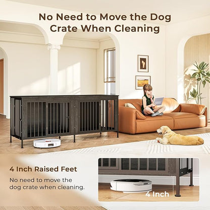 78 Inch Dog Cage Furniture for 2 Large/Medium Dogs with Removable Divider, Extra Large Double Doors Dog Kennel, XXL Thick Wooden Dog cage Furniture, Durable and Sturdy, Dark Grey