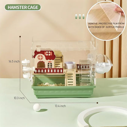 8 in 1 Clear Acrylic Hamster Cage with All Accessories,13.5''L* 10''W* 13''H Dwarf Hamster Cage,Small Hamster Habitat,Garden Style Mouse Cage for Pet Mice,Hamster Enclosure with Stairs(1-Layer)