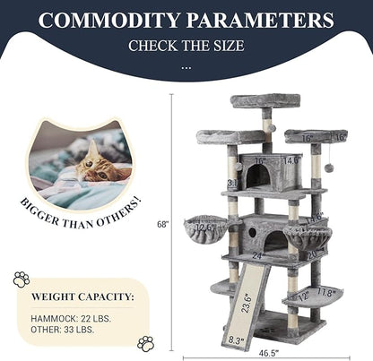 Allewie 68 Inches Cat Tree/House and Towers for Big Feline/Scratching Post/Multi-Level Large Kitty Climbing Tree with Condo/Light Grey