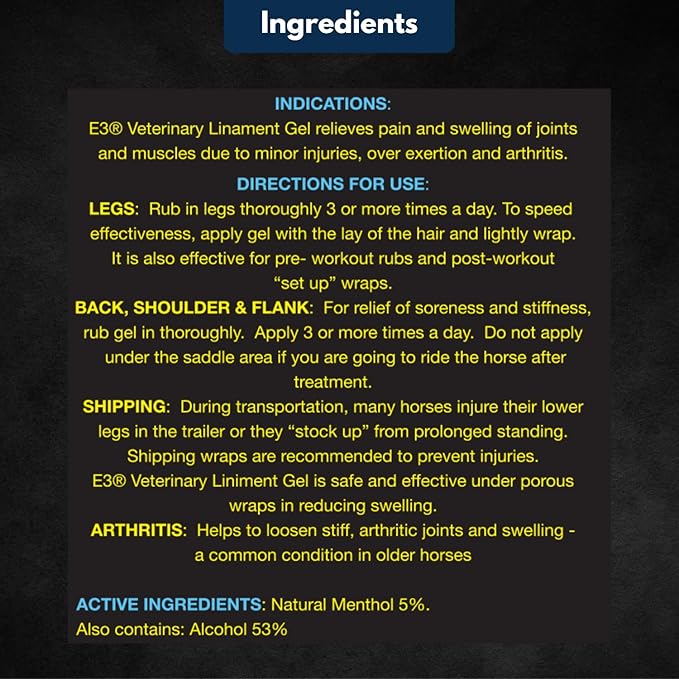 E3 Veterinary Strength Liniment Gel for Sore Muscle & Joint Relief - Reduces Pain & Swelling - Horse Liniment for Humans & Pets - Arthritis Aid - Non-Greasy Herbal Formula- Topical Analgesic