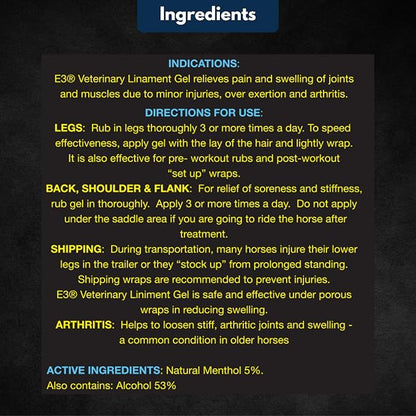 E3 Veterinary Strength Liniment Gel for Sore Muscle & Joint Relief - Reduces Pain & Swelling - Horse Liniment for Humans & Pets - Arthritis Aid - Non-Greasy Herbal Formula- Topical Analgesic