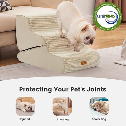 Gardner Pet Dog Stairs for Small Dogs 16.5" H, 2 in 1 Transformable 3-Step Pet Stairs and Dog Ramp for Couch (13-20 in), Beige Adjustable Pet Steps with Non-Slip Waterproof Cover and CertiPUR-US Foam