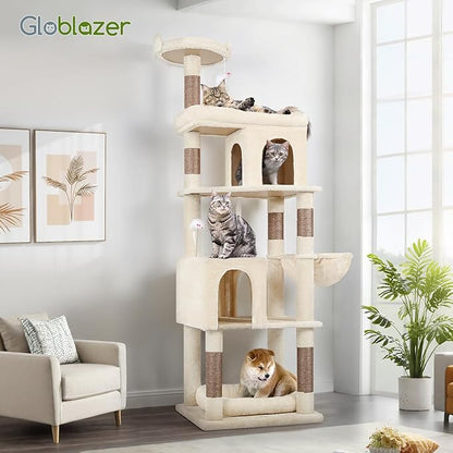 Globlazer Heavy Duty Cat Trees for Large Cats, Sturdy 72in Maine Coon Cat Tree for Large Cat 20 lbs+ Heavy Duty Cat Tower for Adult Biggest Cats with 6 Scratching Posts, Hammock, S72, Beige