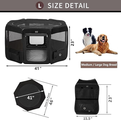 DONORO Dog Playpen Portable Pet Play Pens for Small Dog/Cat/Rabbit/Chicks, Cat Playpen Indoor/Outdoor with Carring Case, Removable Zipper Top and Bottom (Black, Large (46"x46"x23"), 8)