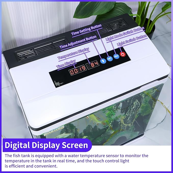 8 Gallon Fish Tank Starter Kit: Glass Aquarium w/Eco-Cycle Filter, 7-Color LED & Air Pump for Betta. Features 360° Crystal View, Temp/Time Display & Quiet Operation All-in-One Aquarium Kit