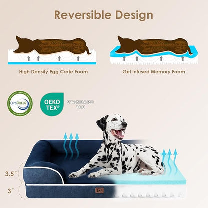 EHEYCIGA Orthopedic Dog Beds for Large Dogs, Waterproof Memory Foam Large Dog Bed with Sides, Non-Slip Bottom and Egg-Crate Foam Pet Couch Bed with Washable Removable Cover, Navy