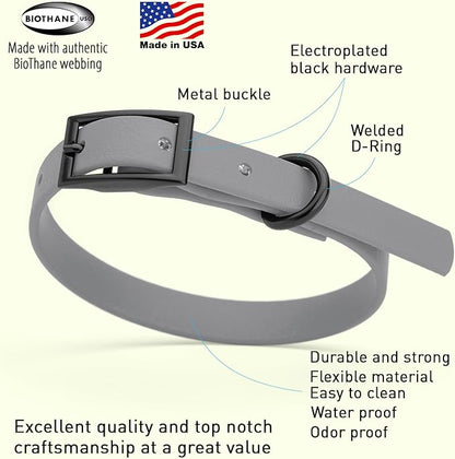 Dogline Biothane Waterproof Dog Collar Strong Coated Nylon Webbing with Black Hardware Odor- Proof for Easy Care Easy to Clean High Performance Fits Small Medium or Large Dogs, Battleship Gray