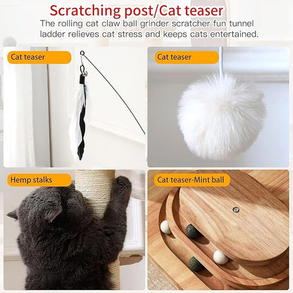 34 Inch Solid Wood Cat Tree Tower with Space Capsule, Hand-Woven Basket Nest, Feather Toy, Hanging Balls, Sisal Posts, 4-Tier Indoor Climbing Cat Tower for Kittens