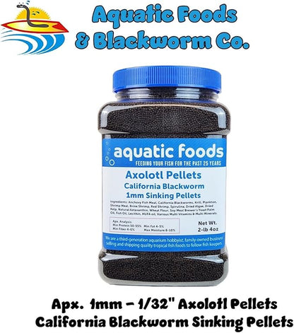 Aquatic Foods Inc. Axolotl Blackworm Pellets. 1mm-1/32 Sinking California Blackworm Micro Pellets for Baby Axolotl, Frogs, Shrimp, Salamanders, Newts, Snails…2-lbs 4oz Jar