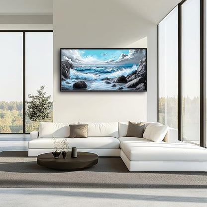 Extra Large Framed Abstract Sea Ocean Wall Art,Black and White Wall Decor, Coastal Seashore Pictures for Living Room,Canvas Print Painting Modern Artwork Bedroom Office Bathroom 60L x 30W