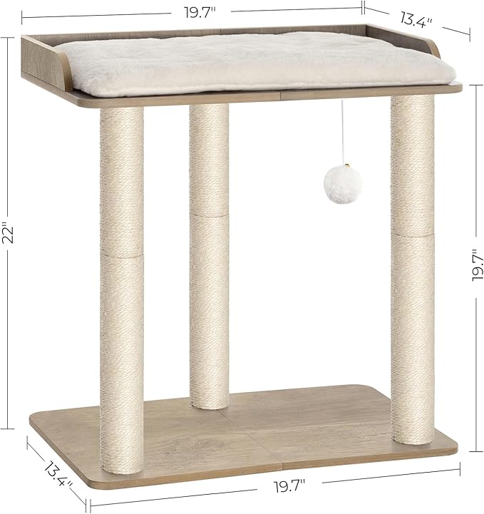 FourFurPets 22in Cat Tree Tower Condo, Cat Scratch Posts for Indoor Cats, Big Plate, Three 23.6in Full Sisal Scratching Posts, Greige