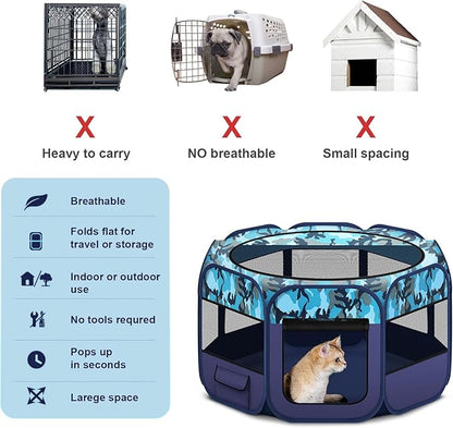 Dog Playpen, Pet Playpen, Portable Cat Playpen, Pop Up Foldable Puppy Playpen Exercise Kennel Tent with Carry Case Collapsible Bowl,Water-Resistant Shade Cover for Outdoor Indoor Travel (Large)