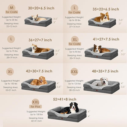 EHEYCIGA Memory Foam Dog Bed for Large Sized, Orthopedic Dog Sofa with Sides and Waterproof Liner, Washable Bolster Pet Bed Couch with Removable Cover, 36x27x7 Inch, Grey