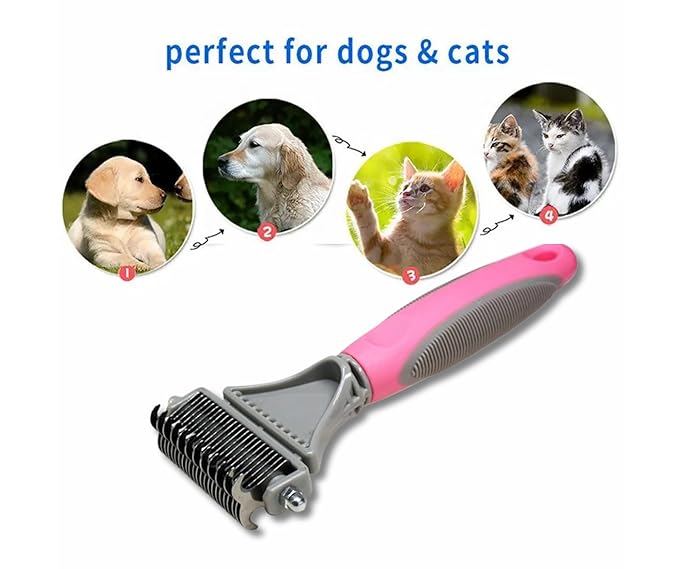 3-in 1 Dog & Cat Grooming Supplies- Self-cleaning Slicker Brush, Deshedding Rake Comb, And Finger Toothbrush For Dogs & Cats | Perfect For Pet Grooming Kit, Dematting And Dental Tool (pink)