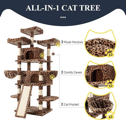 Allewie 68 Inches Cat Tree/House and Towers for Big Feline/Scratching Post/Multi-Level Large Kitty Climbing Tree with Condo/Leopard Print