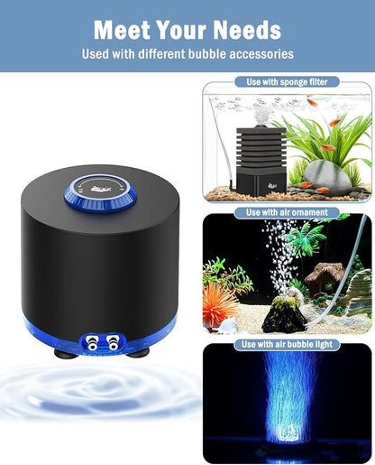 AQQA Aquarium Air Pump, Quiet Powerful Fish Tank Air Pump 3W/6W/10W with Stainless Steel Dual Outlet, Adjustable Oxygen Aerator Pump with Air Stone Bubbler for Fish Tank Up to 200 Gallon 6W (Tubby)