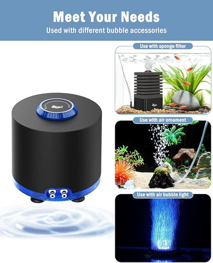 AQQA Aquarium Air Pump, Quiet Powerful Fish Tank Air Pump 3W/6W/10W with Stainless Steel Dual Outlet, Adjustable Oxygen Aerator Pump with Air Stone Bubbler for Fish Tank Up to 200 Gallon 10W (Tubby)