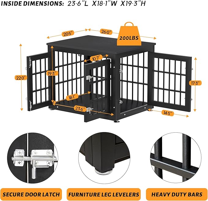 26 Inch Heavy Duty Dog Crate Furniture for Small Dogs, Decorative Pet House End Table, Wooden Cage Kennel Furniture Indoor, Black