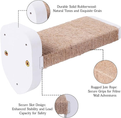 3-in-1 Cat Wall Steps with Hemp Rope, Solid Wood Cat Ladder for Climbing and Playing (Large-White)