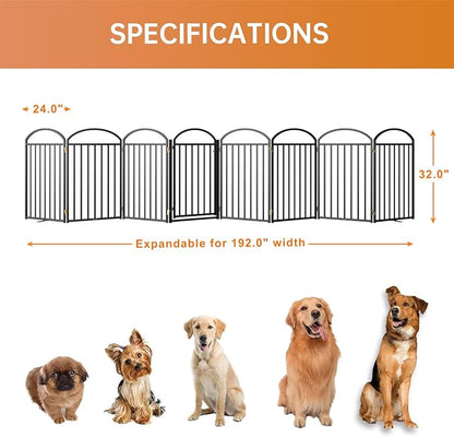 8 Panles Full Matel Freestanding Dog Gates with Door, 192"Extra Wide 32"Tall Free Standing Dog Pet Gate for Indoor & Outdoor. Foldable Pet Fences for Doorways, House, Stairs, Porch, Deck, Yard
