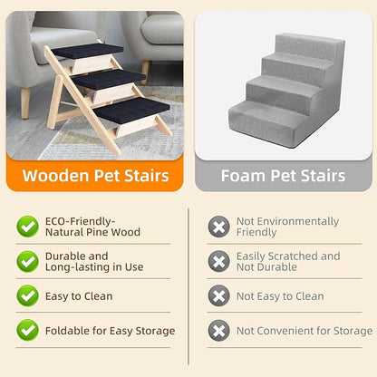 Dog Stairs/Ramp for Bed, Wooden Convertible Pet Steps, Portable Dog Ladder Up to 180 Pound for Elderly/Short-Legged Dogs, 3 Steps for Beds, Couch, Cars