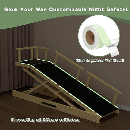 6 Level Height Adjustable Dog Ramp for Bed, Couch 65" Foldable Pet Ramp with Non-Slip Mat，DIY Glow Strips & Rest Platform Heavy Duty Dog Stairs for Large Dogs up to 200Lbs ，Wood Color