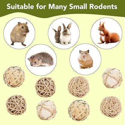 8 Pack Small Pet Chew Toys - 7cm Natural Woven Balls for Rabbits, Guinea Pigs, Hamsters (2 Seagrass, 2 Rattan, 2 Corn Husk, 2 Seaweed Rope) - Safe Dental Grinding Toys